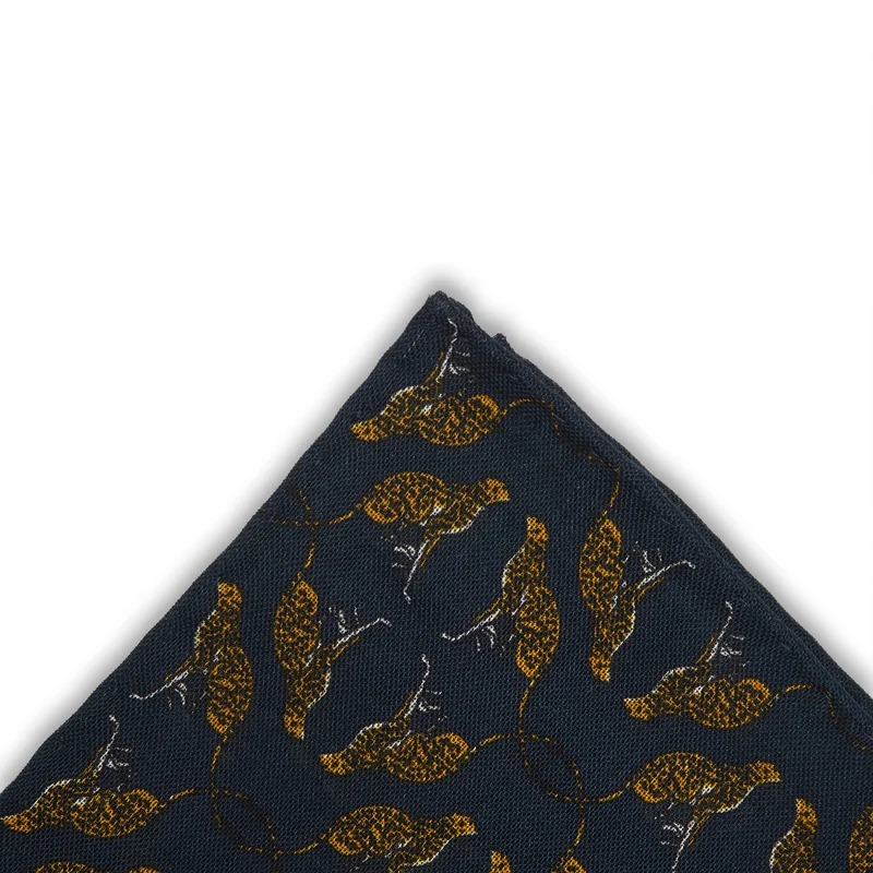 Pochette bleu nuit & jaune - Motif Animaux - Laine & Soie