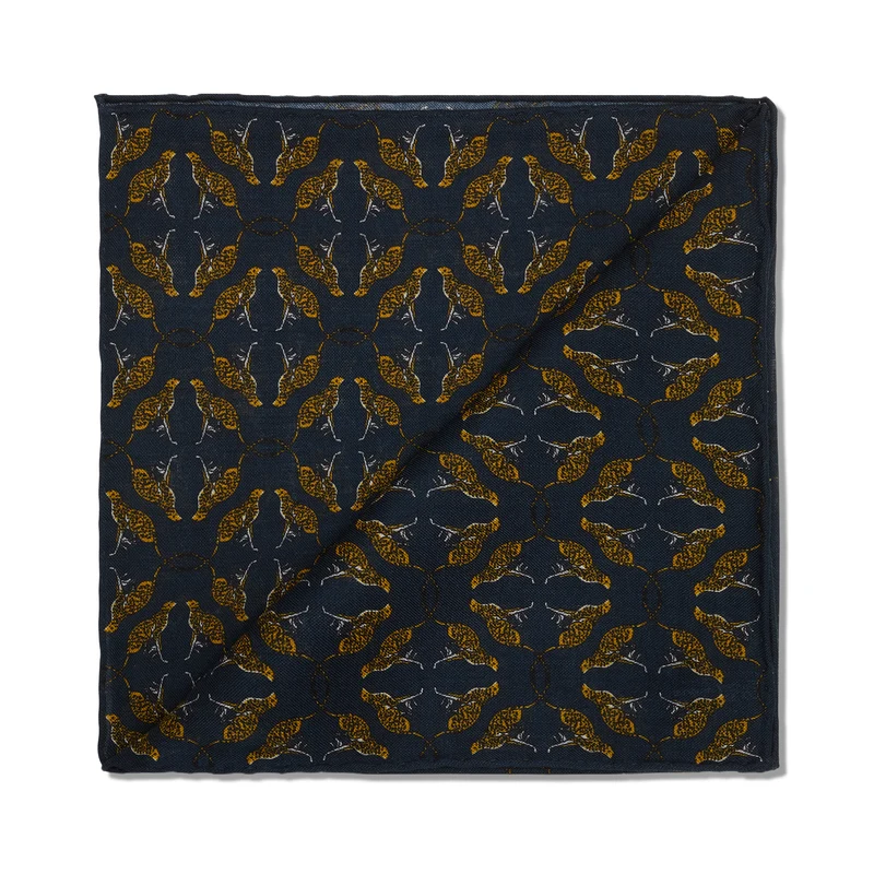 Pochette bleu nuit & jaune - Motif Animaux - Laine & Soie