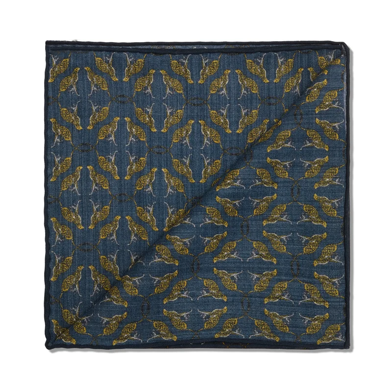 Pochette bleu nuit & jaune - Motif Animaux - Laine & Soie