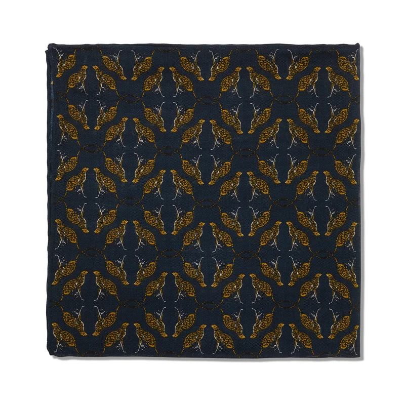 Pochette bleu nuit & jaune - Motif Animaux - Laine & Soie