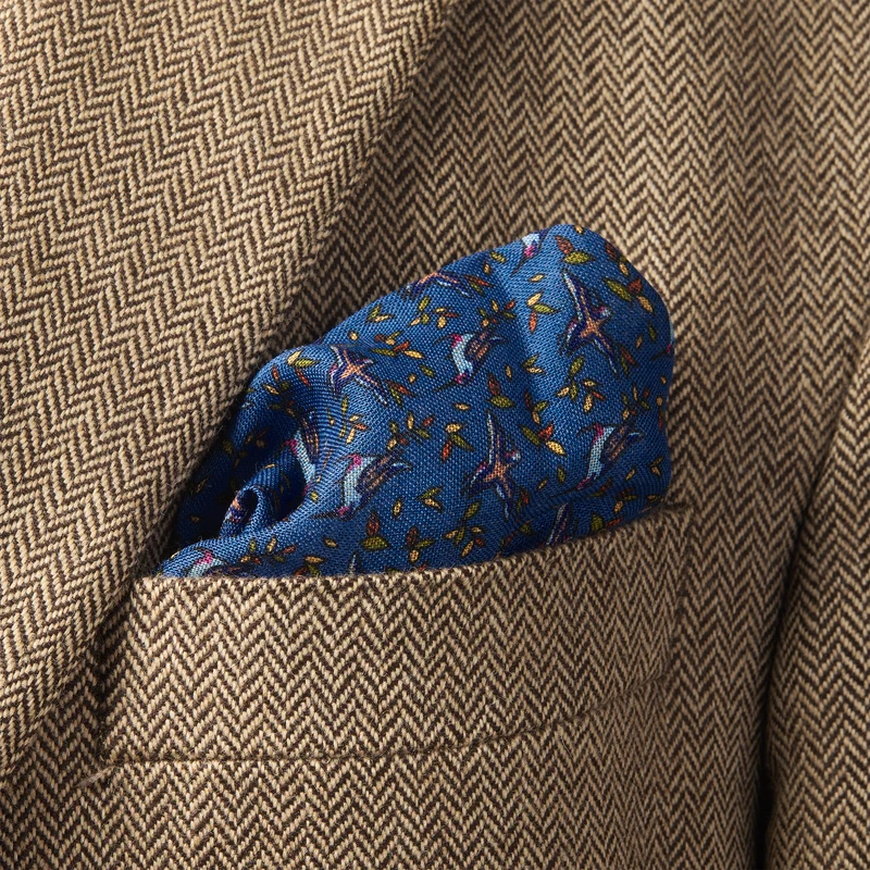 Pochette bleu ciel & orange - Motif Oiseaux - Laine & Soie