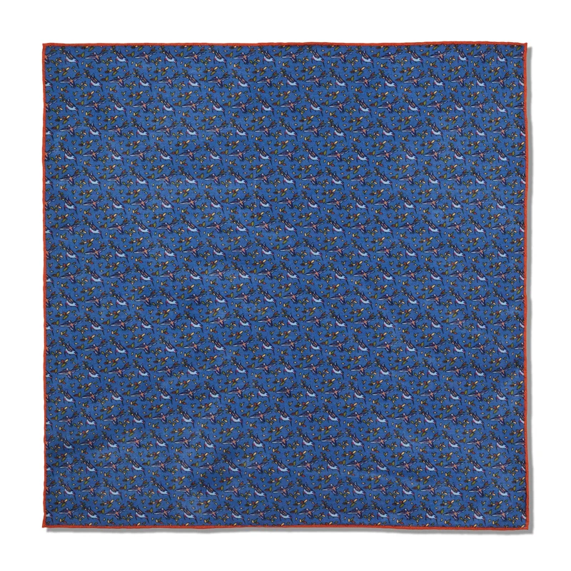 Pochette bleu ciel & orange - Motif Oiseaux - Laine & Soie