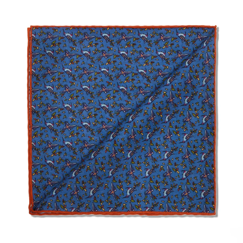 Pochette bleu ciel & orange - Motif Oiseaux - Laine & Soie