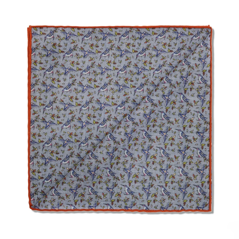 Pochette bleu ciel & orange - Motif Oiseaux - Laine & Soie