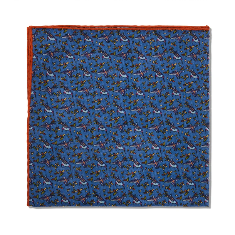 Pochette bleu ciel & orange - Motif Oiseaux - Laine & Soie
