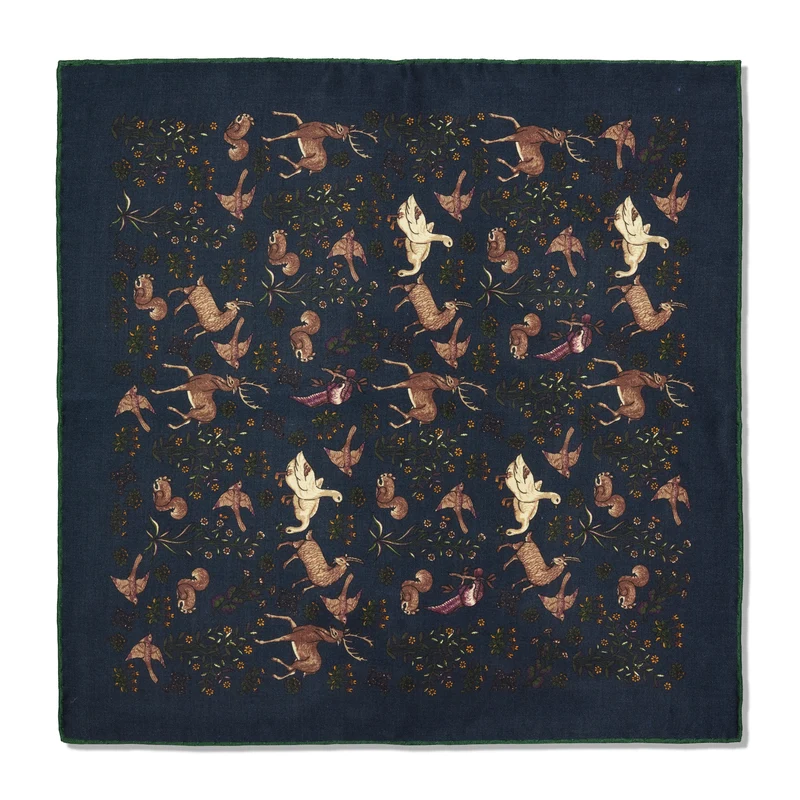 Pochette marine & vert - Motif Animaux - Laine & Soie