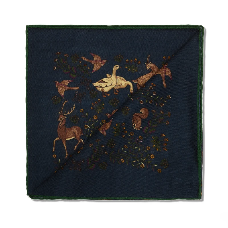 Pochette marine & vert - Motif Animaux - Laine & Soie