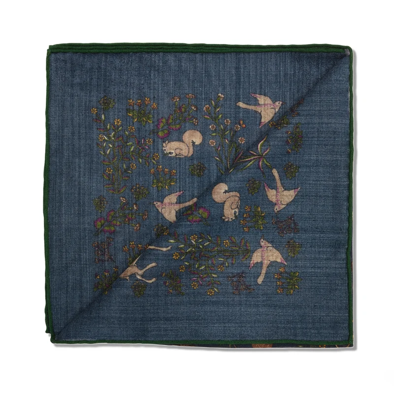 Pochette marine & vert - Motif Animaux - Laine & Soie