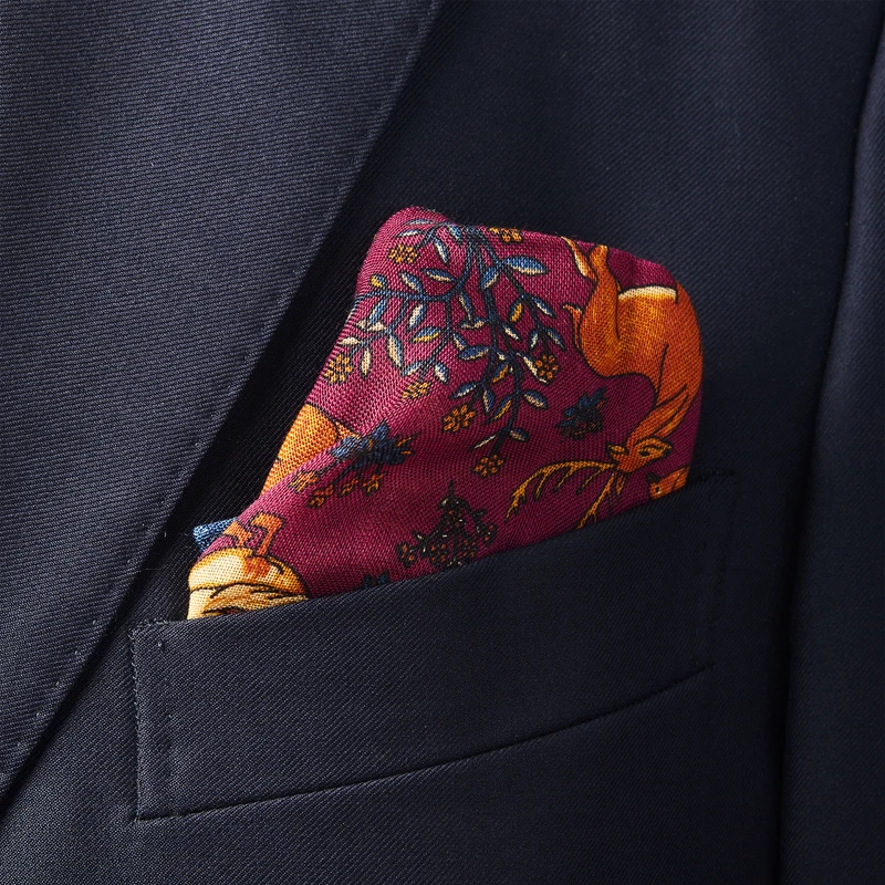 Pochette bordeaux & bleu - Motif Animaux - Laine & Soie