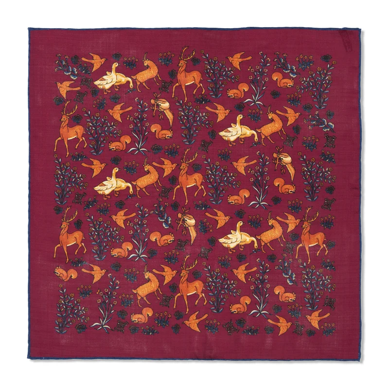 Pochette bordeaux & bleu - Motif Animaux - Laine & Soie
