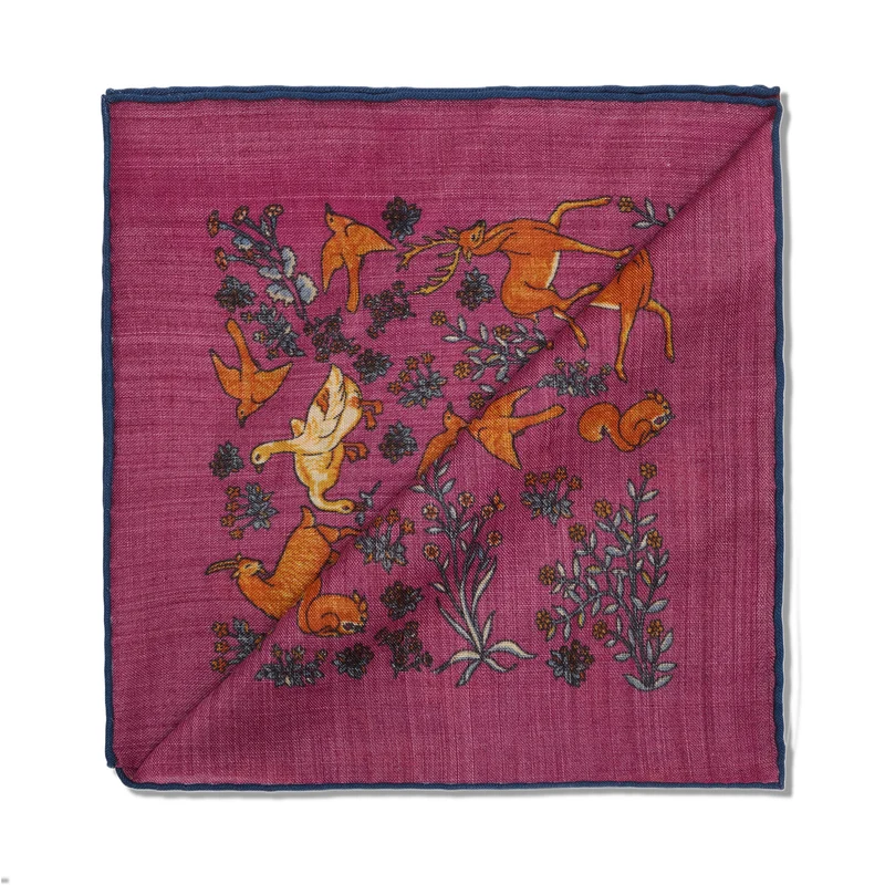 Pochette bordeaux & bleu - Motif Animaux - Laine & Soie