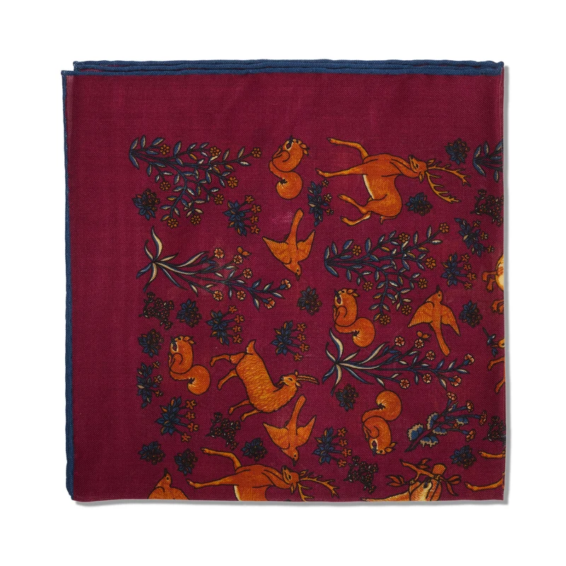 Pochette bordeaux & bleu - Motif Animaux - Laine & Soie