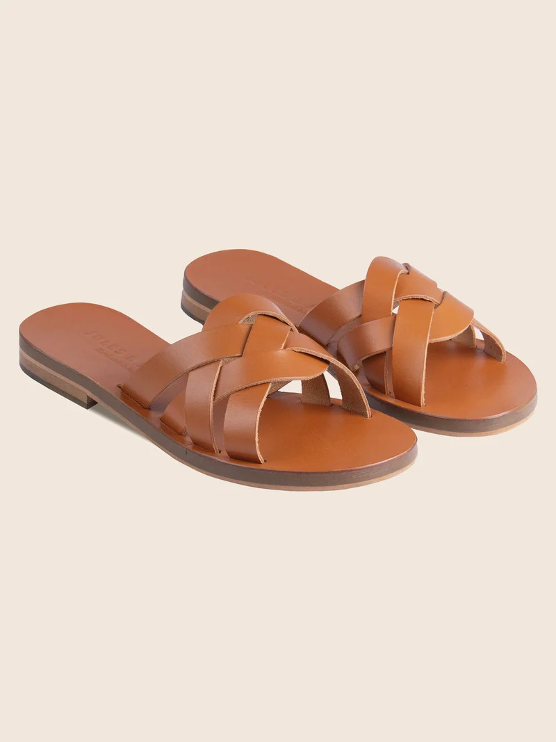 Mules plates brides cuir camel