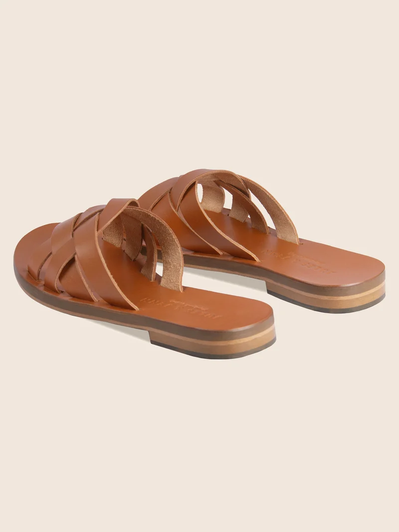 Mules plates brides cuir camel