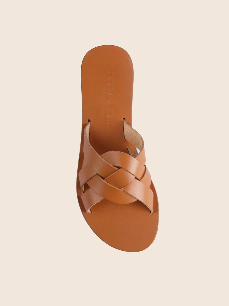 Mules plates brides cuir camel