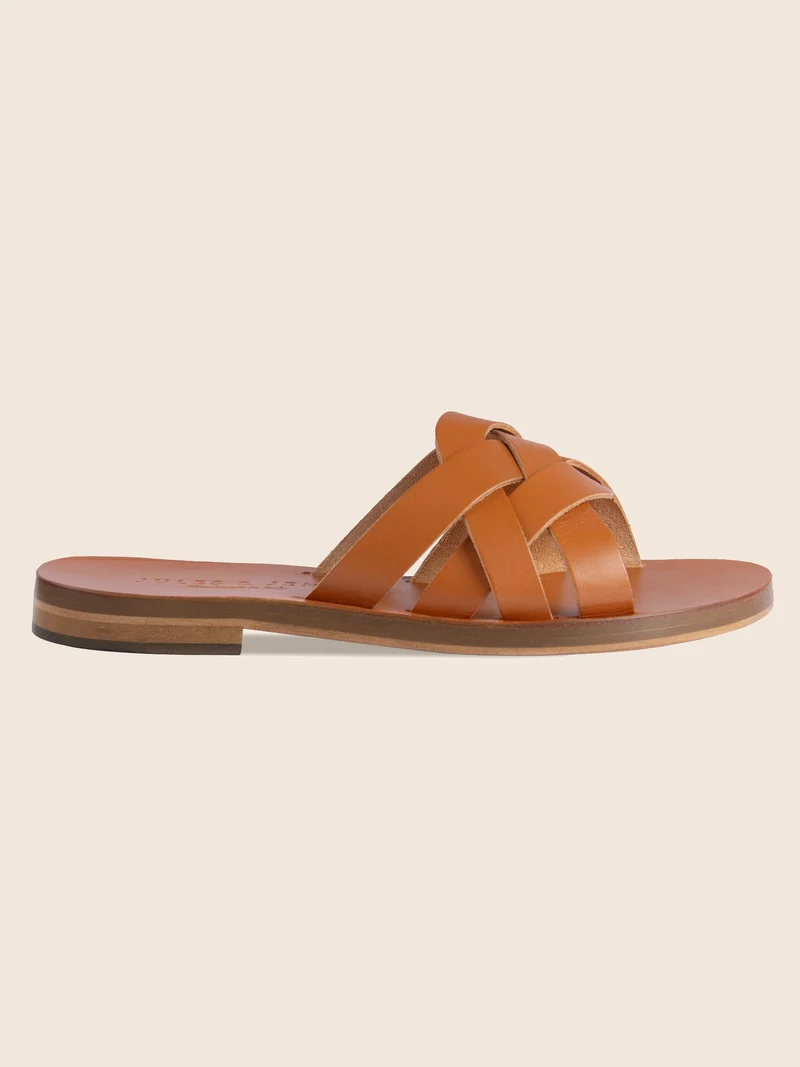 Mules plates brides cuir camel