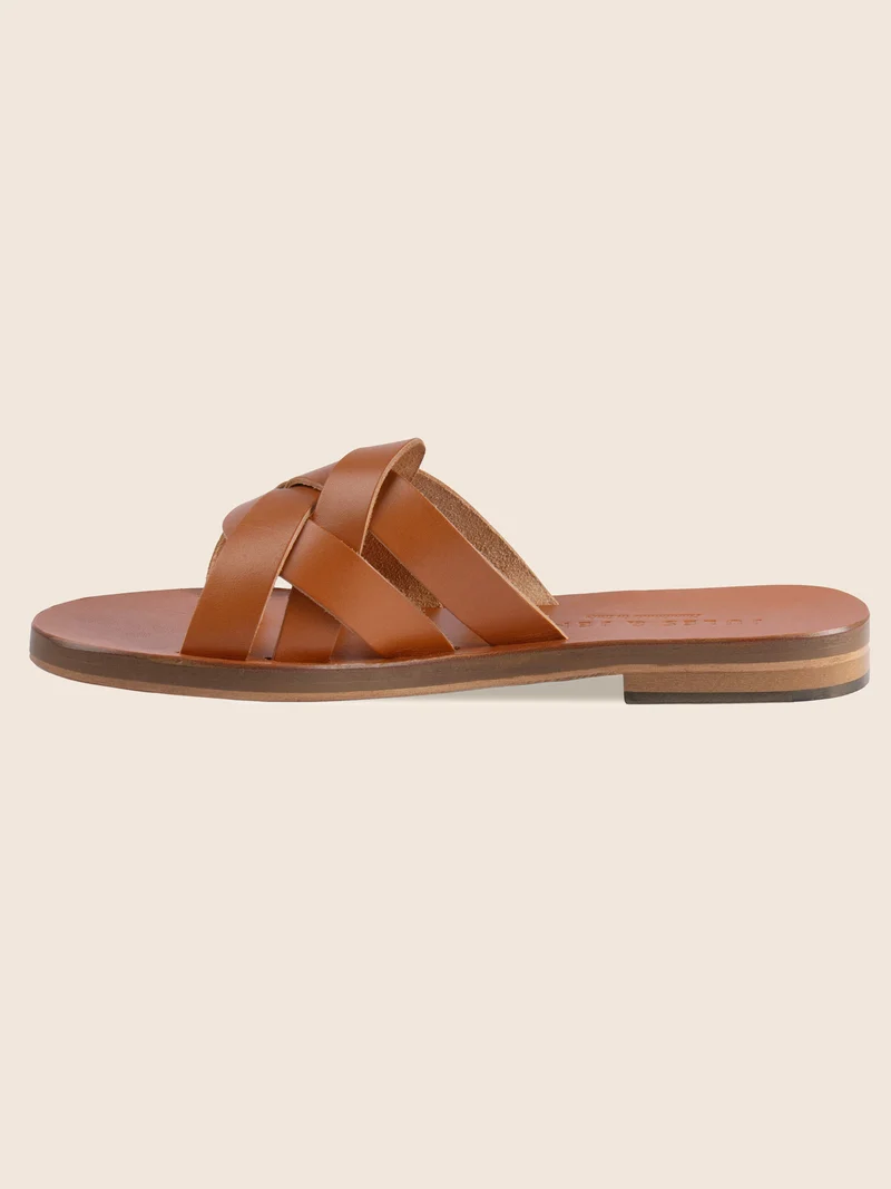 Mules plates brides cuir camel