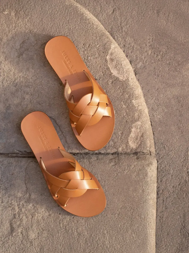 Mules plates brides cuir camel
