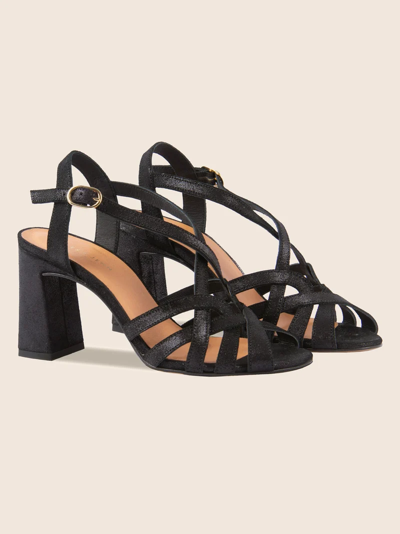Sandales talon brides croisées cuir noir