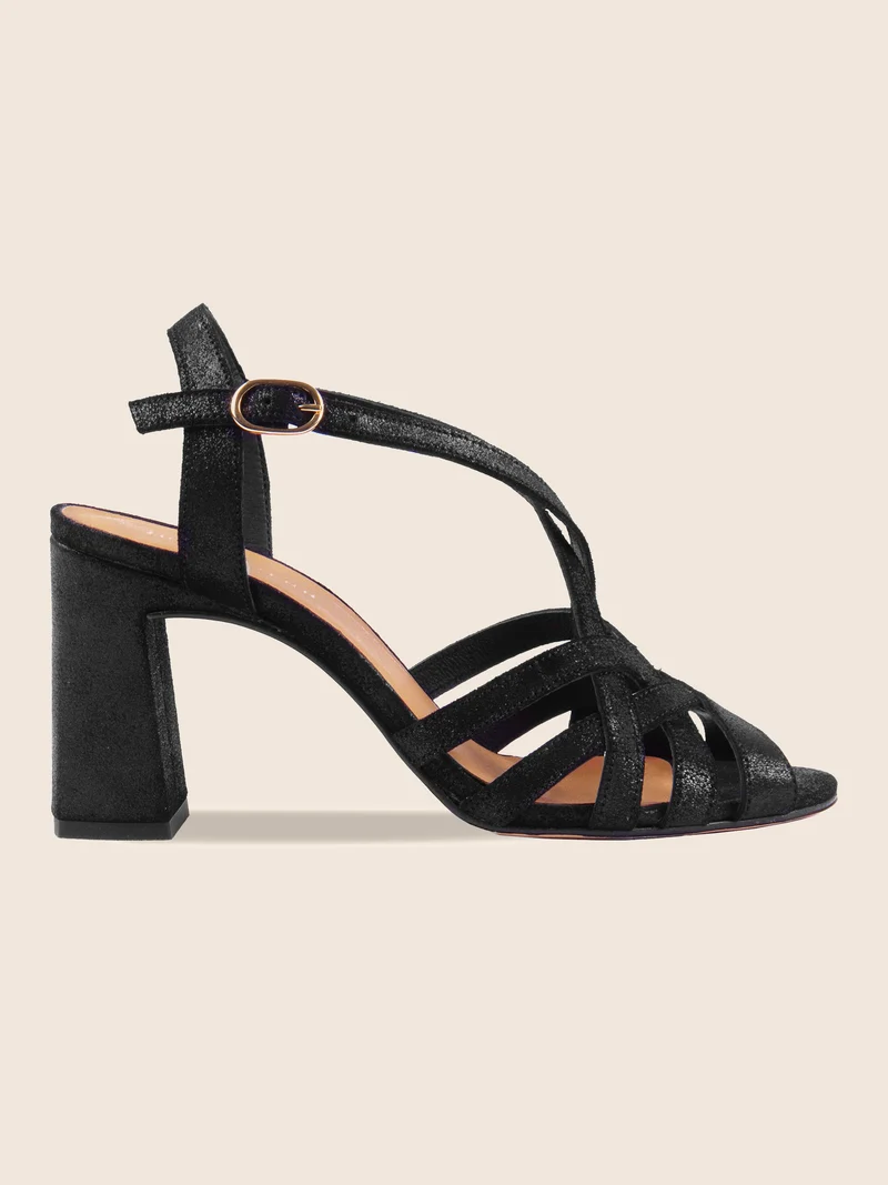 Sandales talon brides croisées cuir noir