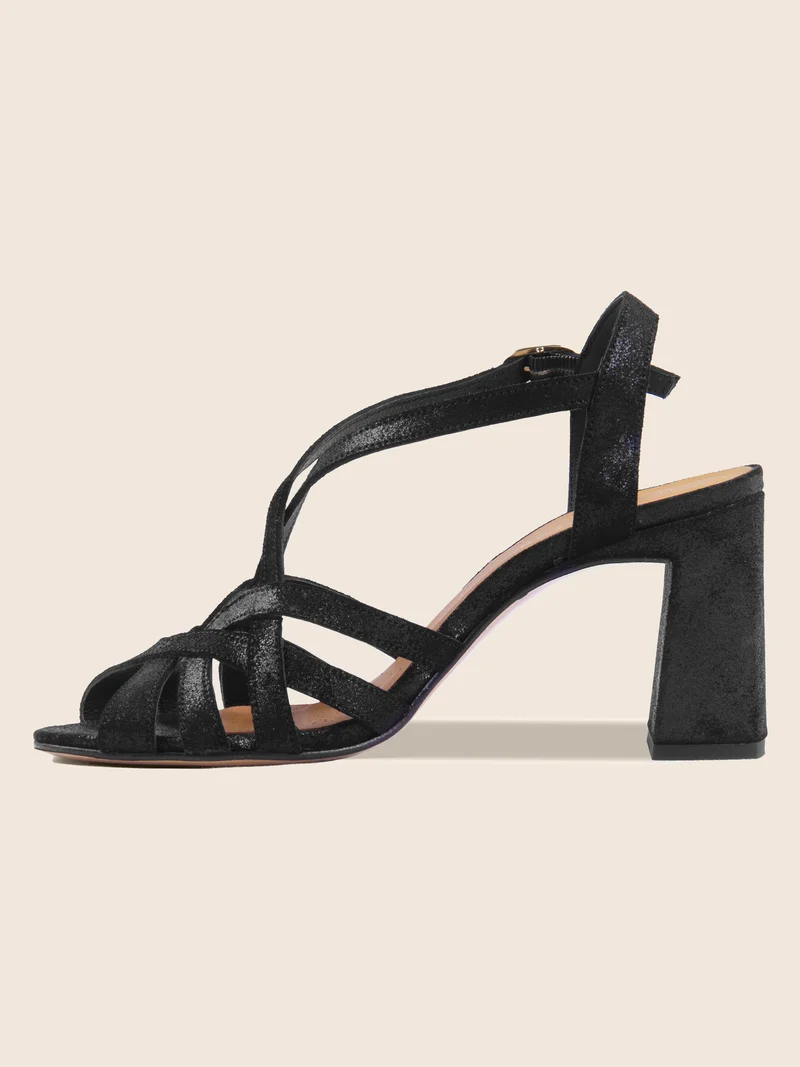 Sandales talon brides croisées cuir noir