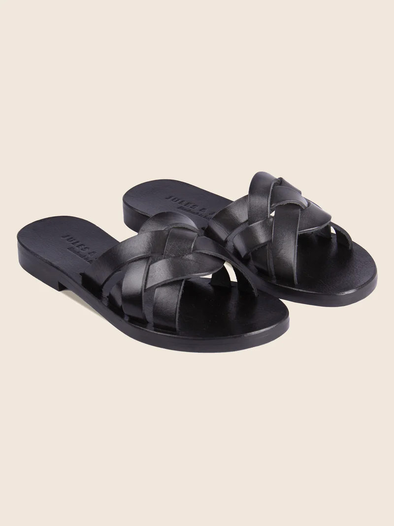 Mules plates brides cuir noir