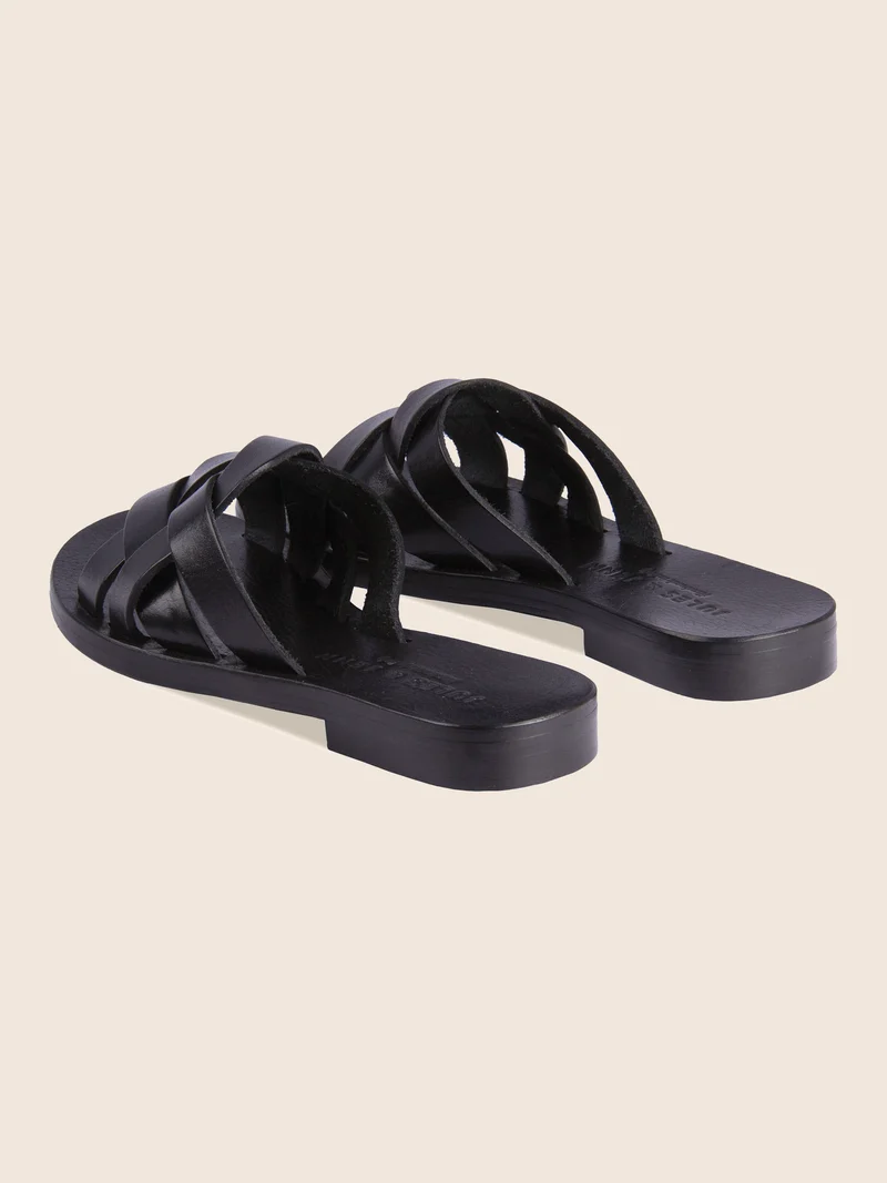 Mules plates brides cuir noir