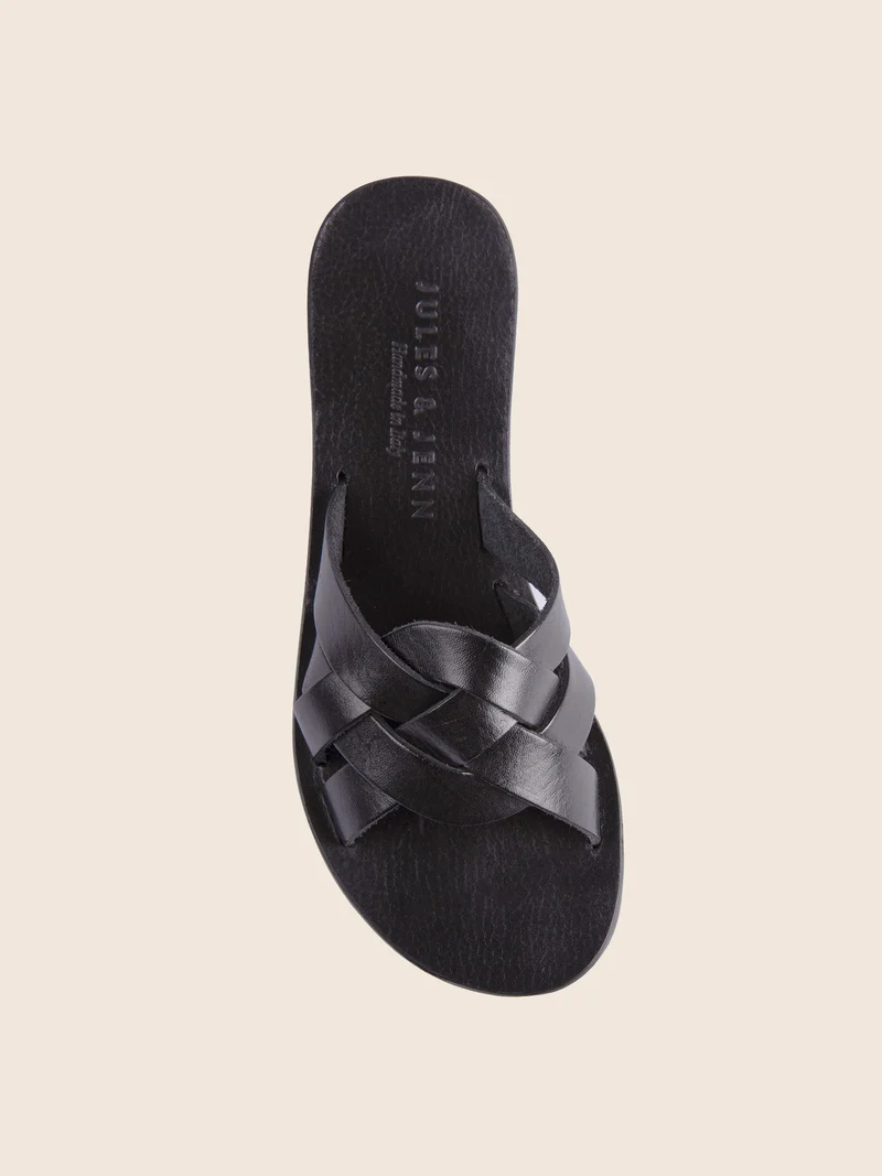 Mules plates brides cuir noir