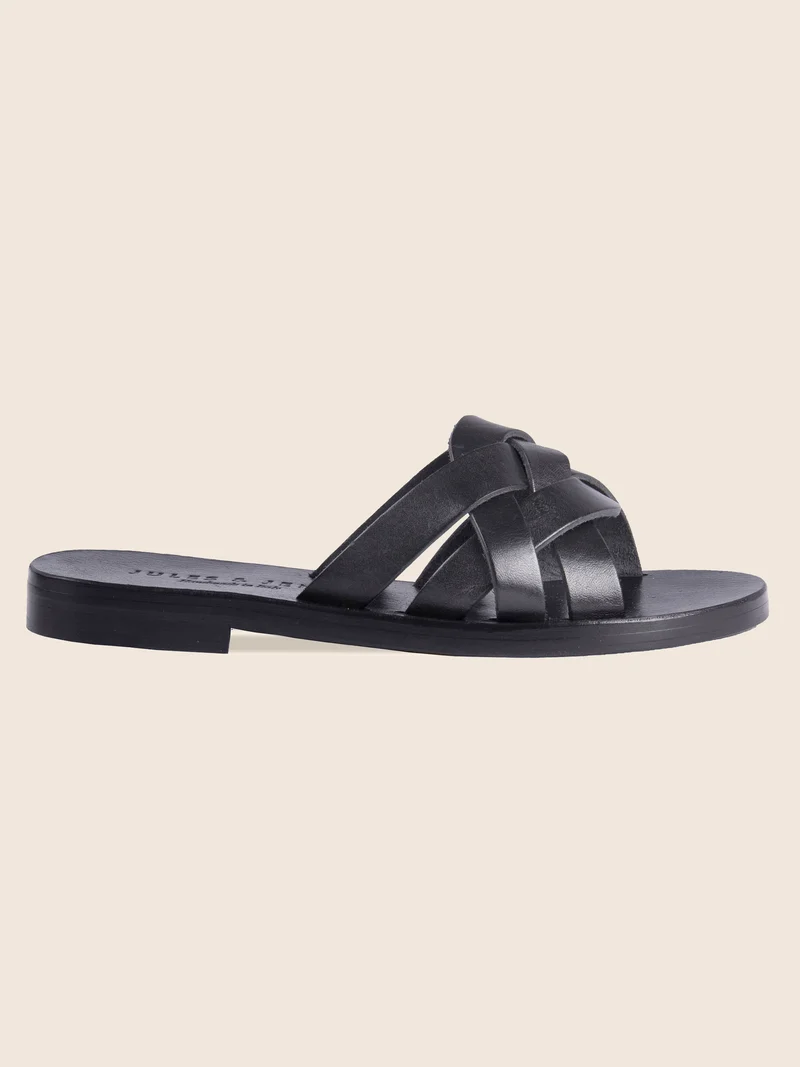 Mules plates brides cuir noir