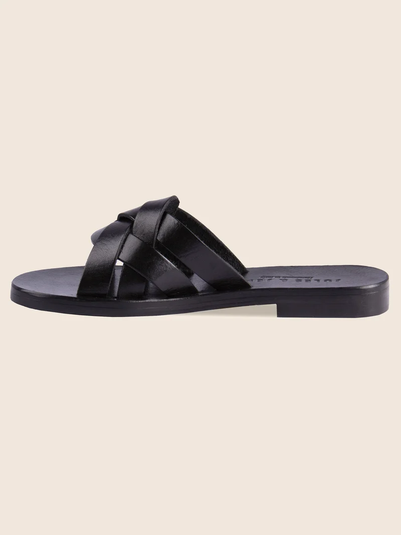 Mules plates brides cuir noir
