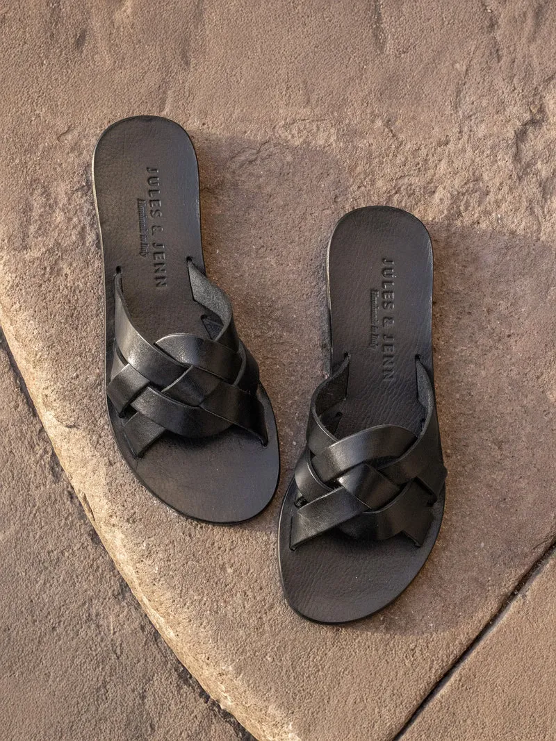 Mules plates brides cuir noir