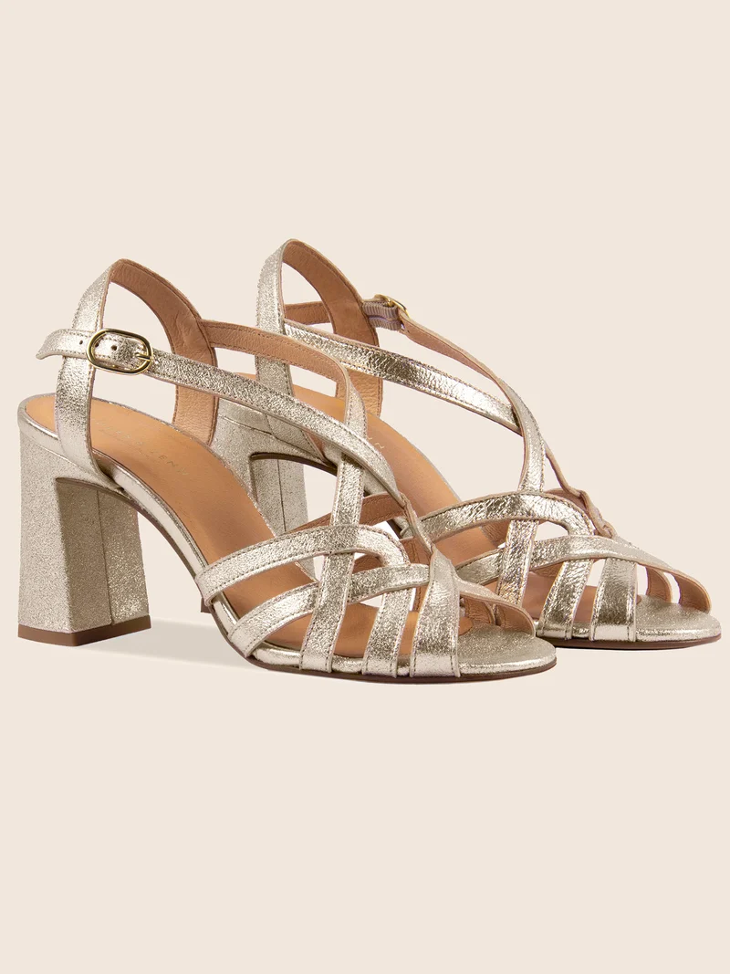 Sandales talon brides croisées cuir doré