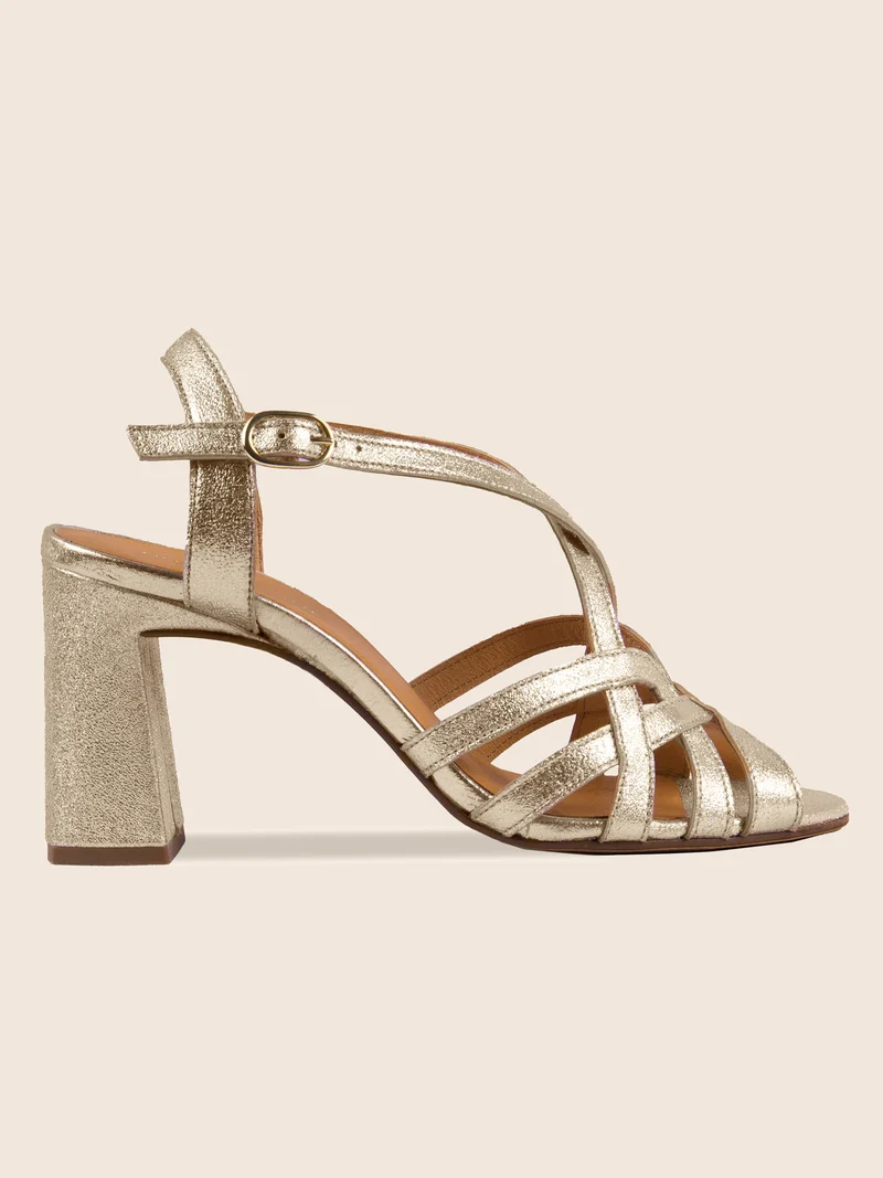 Sandales talon brides croisées cuir doré