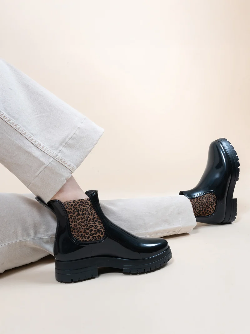 Bottines de pluie crantées noir léopard