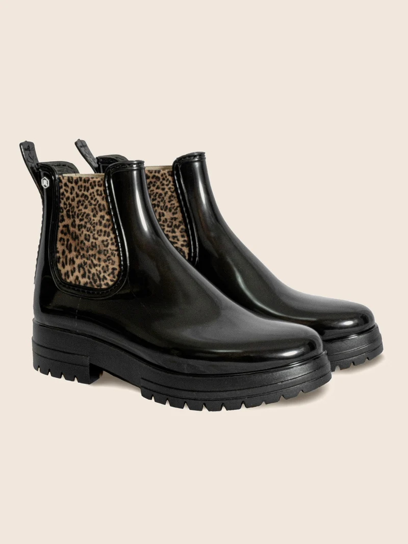 Bottines de pluie crantées noir léopard