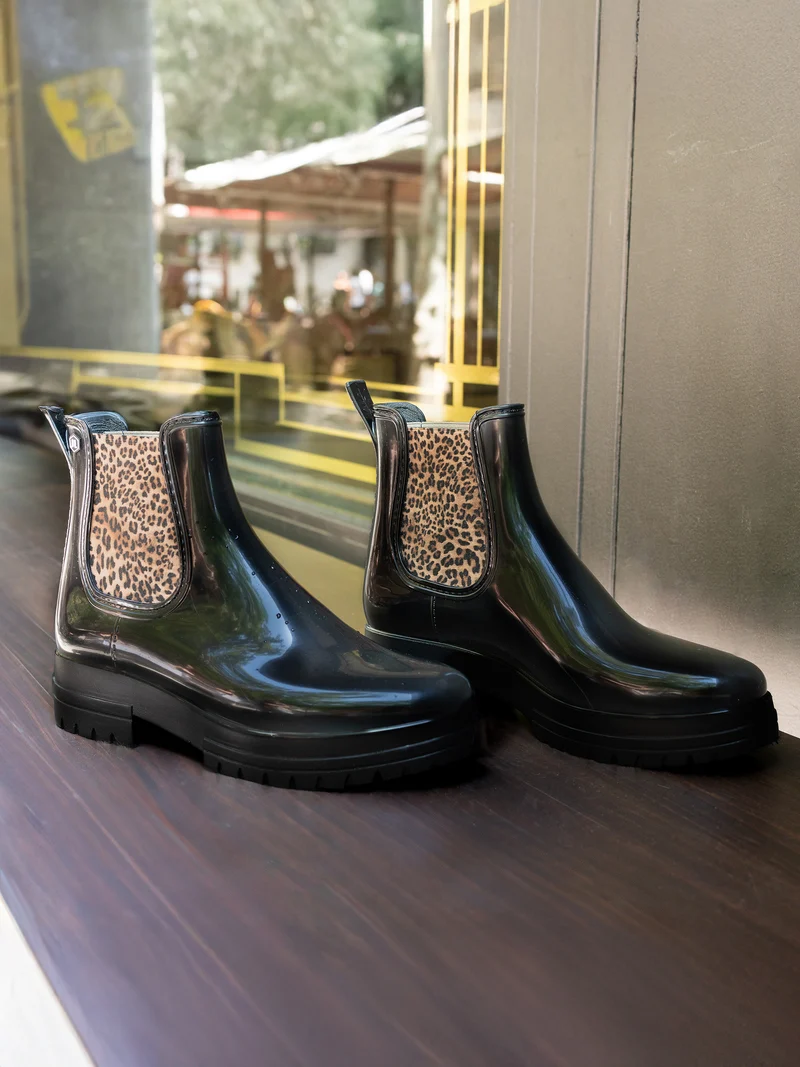 Bottines de pluie crantées noir léopard