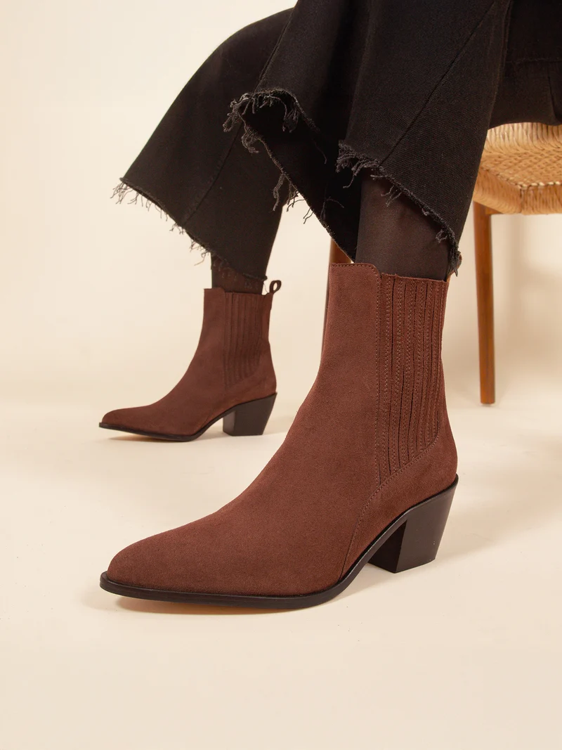 Bottines santiag cuir daim camel