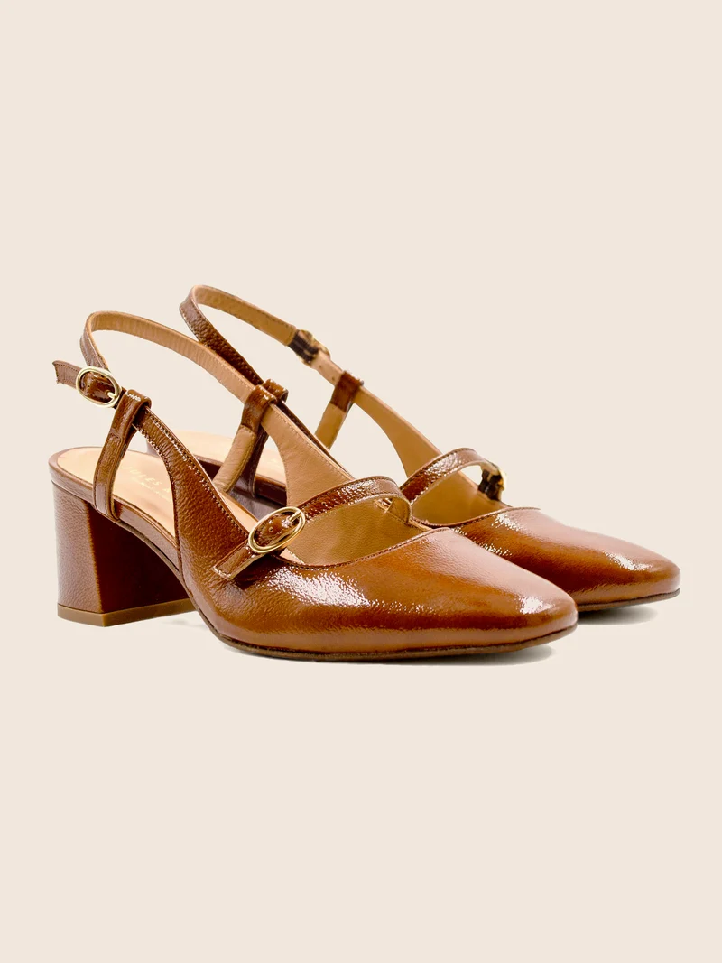 Escarpins slingback cuir vernis cognac