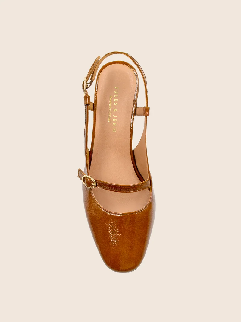 Escarpins slingback cuir vernis cognac