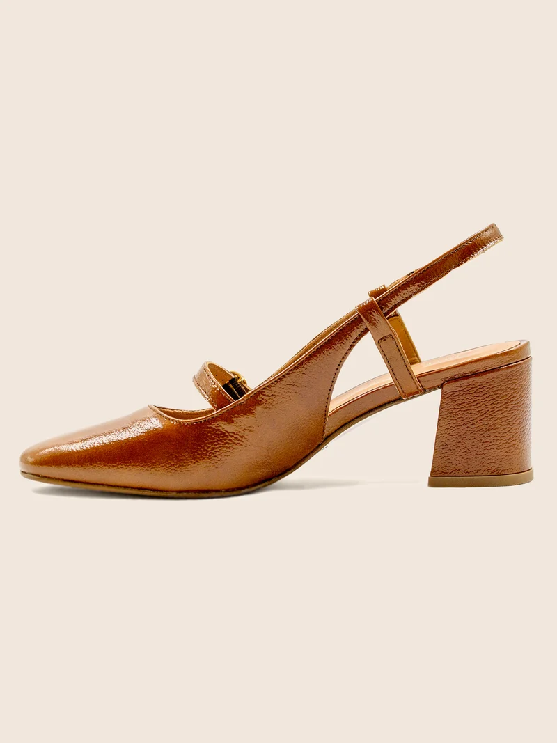 Escarpins slingback cuir vernis cognac