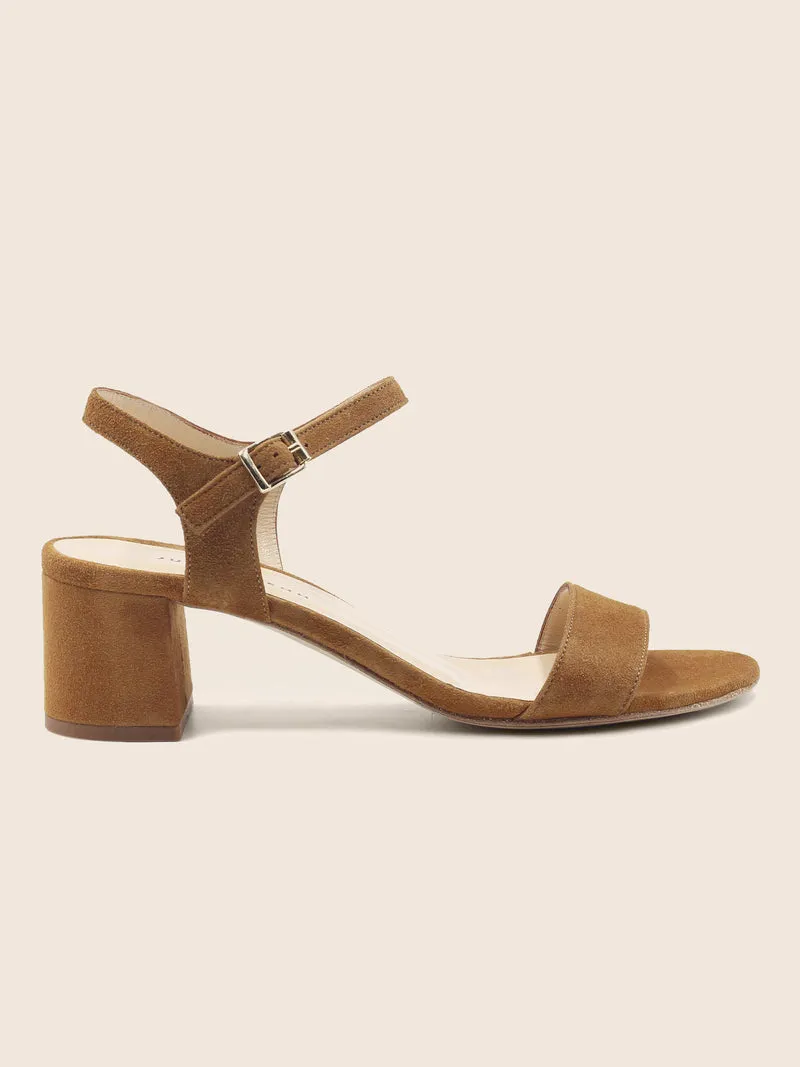 Sandales moyen talon daim cognac