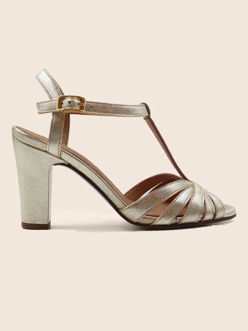 Sandales talon brides cuir doré