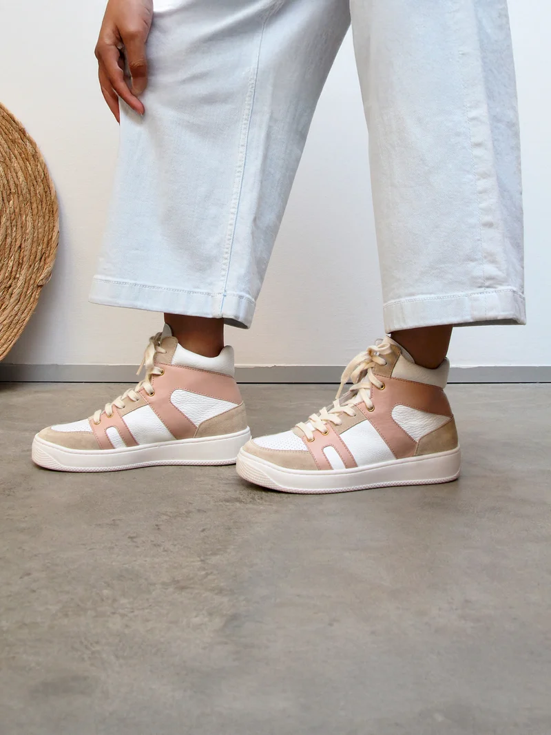 Baskets montantes cuir blanc rose