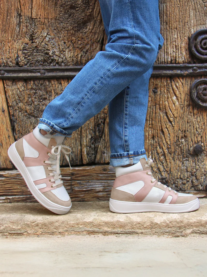 Baskets montantes cuir blanc rose