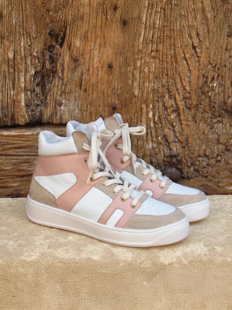 Baskets montantes cuir blanc rose