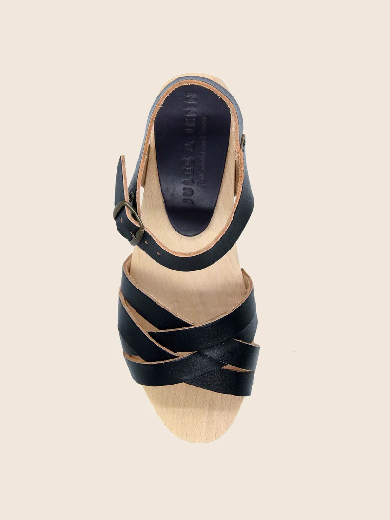 Sandales talon bois cuir noir