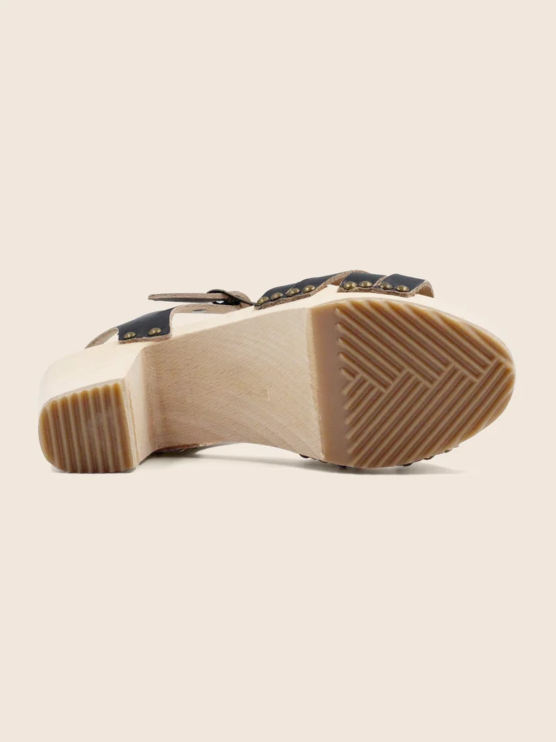Sandales talon bois cuir noir
