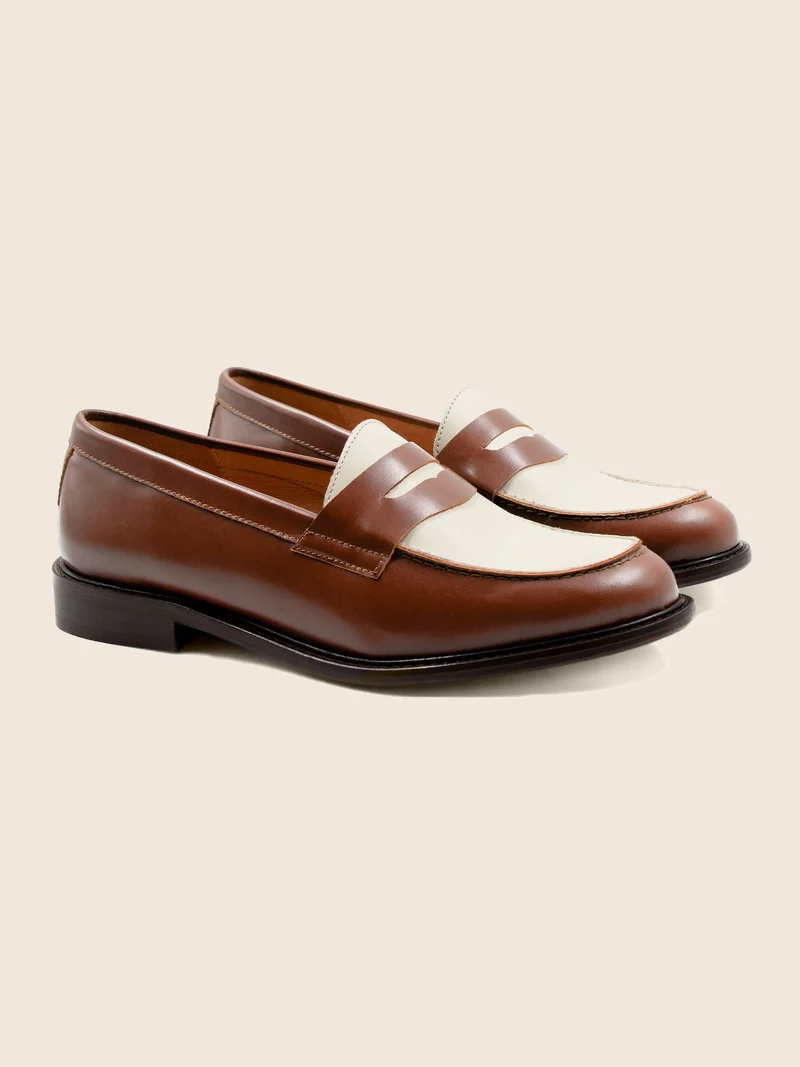 Mocassins cuir cognac blanc