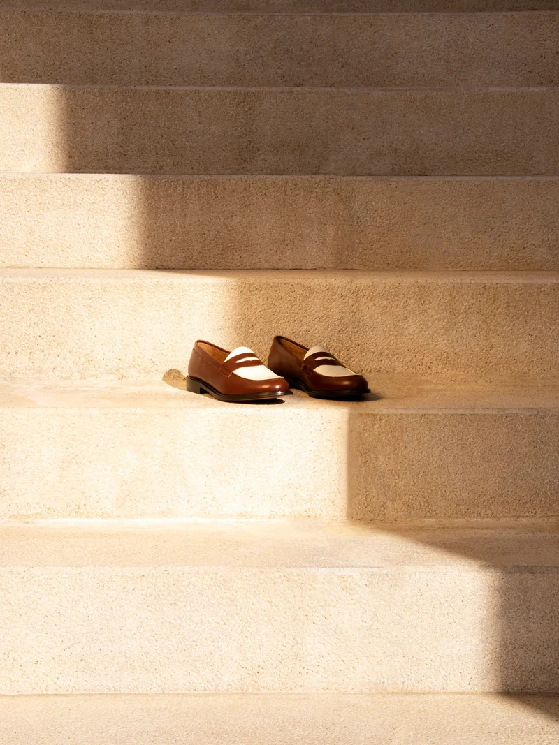 Mocassins cuir cognac blanc