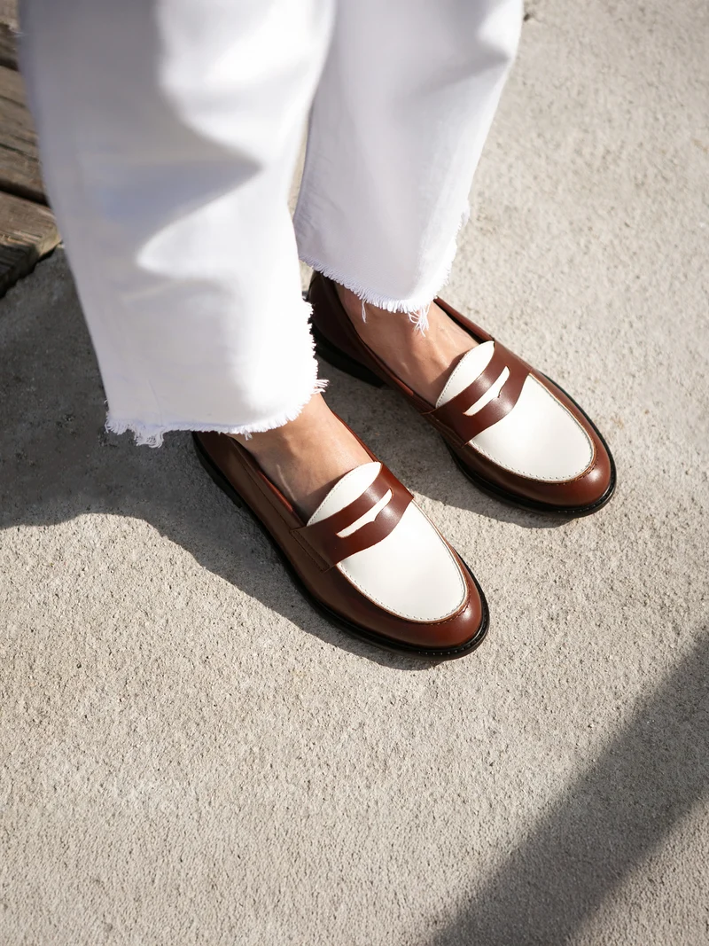 Mocassins cuir cognac blanc